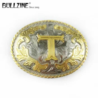 The Bullzine western flower with letter "T" belt buckle with silver and gold finish FP-03702-T for 4cm width snap on belt