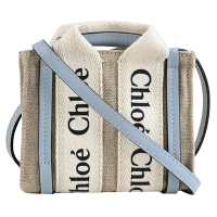 CHLOE Woody NANO系列LOGO織布帆布超迷你斜背兩用包(米/淺藍)