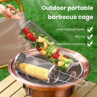 Outdoor BBQ Cage Stainless Steel Wire Anti-scalding Long Handle Evenly Heated Rolling Grill Basket BBQ Mesh Net Чистая Решетка