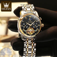 OLEVS 6617 Automatic Watch for Men Stainless Steel Skeleton Tourbillon Design Moon Phase Luxury Top 