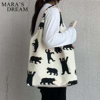 Mara's Dream Korea Ulzzang Big bear pattern Print Female Shopping Canvas Tote Casual Large-capacity Cartoon Women Shoulder Bags