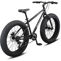 Malus mens and women fat tire mountain bike, 26-inch bicycle wheels, 4-inch wide knobby tires, steel frame, 7 speed drivetrain,