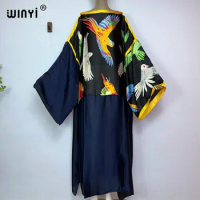 WINYI 2023 new kuwait Fashion boho Popular printed Silk Kaftan loose dress Summer Beach Muslim kaftan long dress for lady