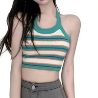 Women's Sexy Scoop Neck Halter Crop Top Backless Knit Stripe Backless Basic Cami Tank Tops