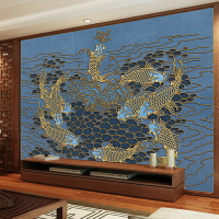 九魚圖聚財風水招財壁畫客廳裝飾畫新中式餐廳九條魚禪意壁紙墻紙
