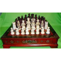 Collection Vintage 32 Chess Set and Wood Leatherette Dragon Phoenix Table