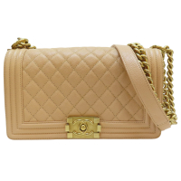 【二手名牌BRAND OFF】CHANEL 香奈兒【再降價】米膚色 牛皮 Boy25 肩背包 金扣 (No Card)