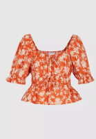 Urban Revivo Puff Sleeve Leaves Print Tie Front Blouse