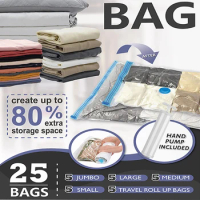 25 Pack Vacuum Storage Bags Space Saver Compression for Comforters Blankets Clothes Home Packing Organizer Hand Pump Included