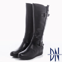 DN 率性時尚 真皮拼接繞帶造型內增高長靴-黑