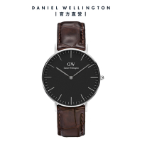 Daniel Wellington DW 手錶 Classic York 36mm黑棕壓紋真皮皮革錶-黑錶盤-銀框 DW00100146