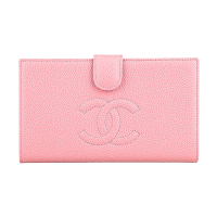 展示品CHANEL縫線CC LOGO粒面魚子醬牛皮6卡釦式中夾(粉)