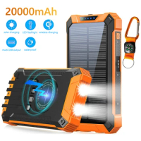 20000mAh Qi Wireless Solar Power Bank with Cable External Battery Charger for iPhone 14 Samsung Xiaomi Powerbank with LED Light