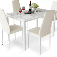 5 Piece Faux Dining Set, Modern Kitchen Table Marble Top and High Chairs for Breakfast Nook Small Spaces