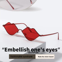 Heart-Shaped Red Lip Sunglasses | Trendy Colorful Lens Metal Frame Sun Glasses (Comes with Case &