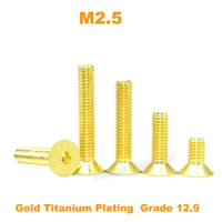 20pcs M2.5 Alloy Steel Titanium Plated Gold Countersunk Allen Screws Flat Head Hex Hexagon Socket Bolt Length 5~12mm Grade 12.9