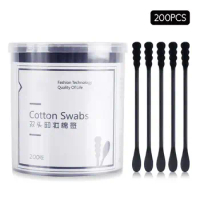 200Pcs Cotton Swabs Sticks Black Double Tipped Buds Head Absorbent Cleaning