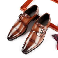 Britain Trend New Gentleman Men's Pointed Genuine Leather Monk Strap Casual Dress Homecoming Shoes Male Formal Wedding Footwear