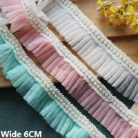6CM Wide Double Layers Mesh Pleated Fabric Ribbon Ruffle Beaded Fringe Lace Edge Trim Dress Curtains Sofa Collar Sewing Decor