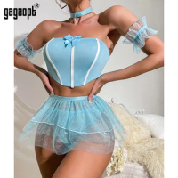 Gagaopt Erotic Lingerie Bow Crop Top Ruffled Sensual Underwear Sissy Skirt Porn Matching Fine Porn Outfit