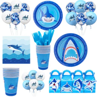 Blue Shark Whale Birthday Party Supplies Shark Disposable Plates/Cups/Balloon/Tablecloth Shark Party Baby Shower Supplies Decor