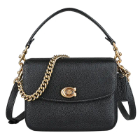 【COACH】COACH CASSIE 19經典C字旋釦鵝卵石紋皮革翻蓋手提斜背包(黑)