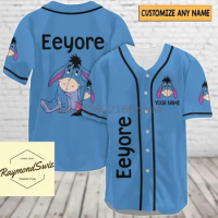 2024 Summer New Disney Free Custom Baseball Jersey Eeyore White Blue Disney Unisex Cartoon Graphic Casual Baseball Shirt