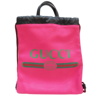 【二手名牌BRAND OFF】GUCCI 古馳【再降價】桃紅色 小牛皮 復古印刷圖騰 LOGO 抽繩 後背包 523586
