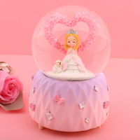 創意家居愛心公主水晶球音樂盒發光送少女心生日兒童禮物樹脂擺件
