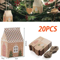 20Pcs Christmas Candy Boxes Bags With Ropes House Shape Christmas Tree Pendant Kraft Paper Party Decor Gift Box
