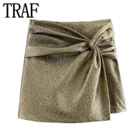 Skort Pleated Gold Short Skirt Woman Fashion Autumn Y2K Skirt TRAF Skort For Women Knotted Mini Skirt Pants High Waist Women's