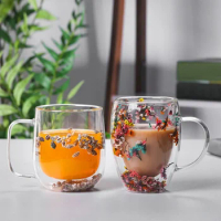 Creative Handle Double Layers Glass Cup Heat Insulation With Dry Flower Sea Snail Coffee Juice Milk Beer Wine Mug Classes
