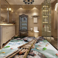 beibehang Custom Flooring Decorating 3d wooden plank lotus carp stone 3D flooring three-dimensional painting papel de parede