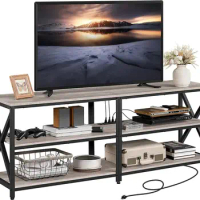 TV Stand for 75In TV,3 Tiers Storage TV Cabinet Entertainment Center,Retro 63In Long Console Table, Gray/Rustic Brown