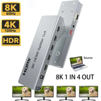 8K 60Hz HDMI Splitter 1x4 4K 120Hz HDMI2.1 Splitter 1 In 4 Out Video Distributor HDR 10 3D for PS5 Xbox Camera PC To TV Monitor