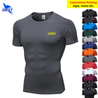 Customize LOGO Fitness Compression T Shirt Men Short Sleeve Elastic Exercise Running Tops Summer Quick Dry Gym Sportswear Tshirt