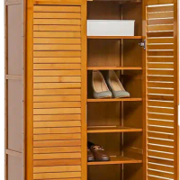 MoNiBloom Tall Shoe Storage Cabinet with Double Shutter Doors, Bamboo Shelf Stand Organizer Rack for 21-25