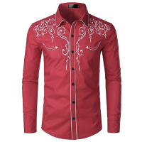 LJMen Western Cowboy Shirt Lapel Collar Single-Breasted Long Sleeve Embroidery Slim Fit Casual Shirt