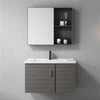Wood Grain Modern Hotel Waterproof Bathroom Furniture Aluminum Wall Mounted Hung Bathroom Vanity Set With Mirror Cabinet