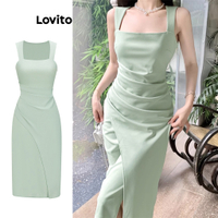 Guangdong A·Lovito Women Elegant Plain Split Thigh Pleated Dress L65ED167 (Light Green)3/21