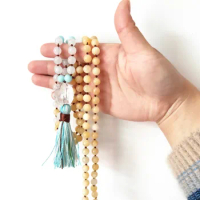 108 Mala Beads Necklace Yellow jades Necklace Knotted Mala Beads 108 Buddhist Meditation Necklaces Tassel Prayer Necklaces