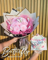 Buket Bunga dan Cake Fresh Flower Cake Bouquet Artificial Ribbon Classic Butterfly Cheesy Fruity Pre