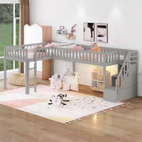 L-Shaped Twin Size Loft Bed with Staircase and Ladder,Gray