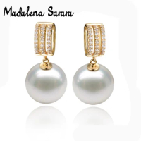MADALENA SARARA 9.5-10mm AAA Saltwater White Pearl 18K Women Earrings Geometric Dangle Au750 Women Handmade Line Earrings