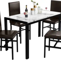 Marble Dining Table Set for 4, 5-Piece Faux Marble Kitchen Table and Chairs for 4, Space Saving Dining Room Table Set