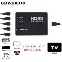 Grwibeou 5 In 1 Out 5 Port Video HDMI Switch Selector HDMI 5 IN 1 Out Switch Box Splitter Hub &amp; IR Remote 1080p For HDTV PS3 DVD