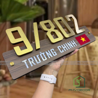 BIỂN SỐ NHÀ DECOR. Số nhà dựng chân Inox 304. Nền Mica cán Vân gỗ - BSN-PMV419.2