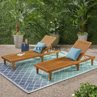 Patio Chaise Lounge Chair, Outdoor Wooden Recliner Chair Set of 2, Teak Finish Chaise Lounge Chairs