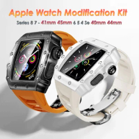 Men Case Strap for Apple Watch Series 8 7 41mm 45mm Rubber Sport Band for iWatch 6 5 4 SE 40 44mm Luxury Metal Modification Kit