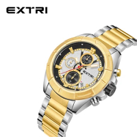 Extri 2024 New Men Stainless Steel Band Gold Chronograph Watches High Quality Male Reloj Brand Heavy Tin Metal Box